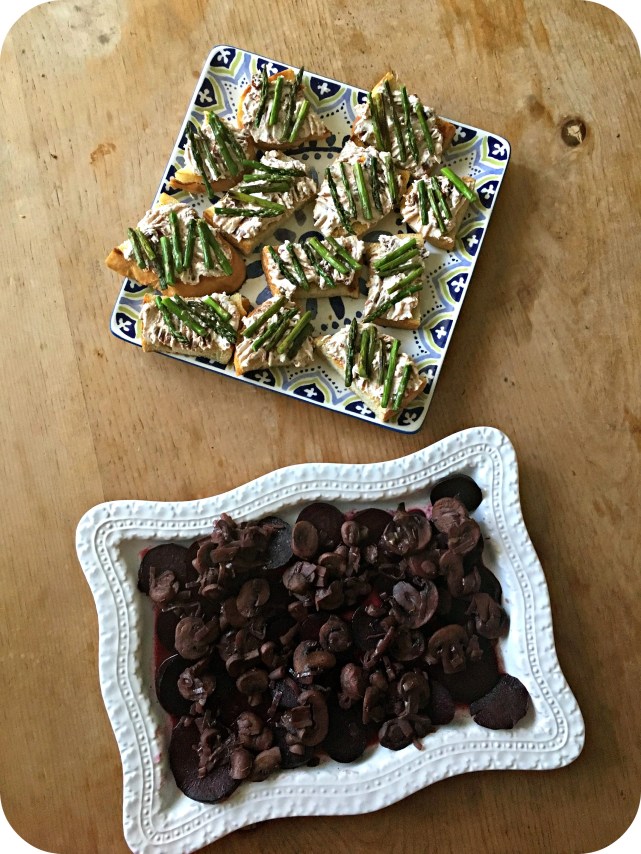 Grilled Asparagus Bruschetta and Roasted Beets with Mushrrom Bordelaise